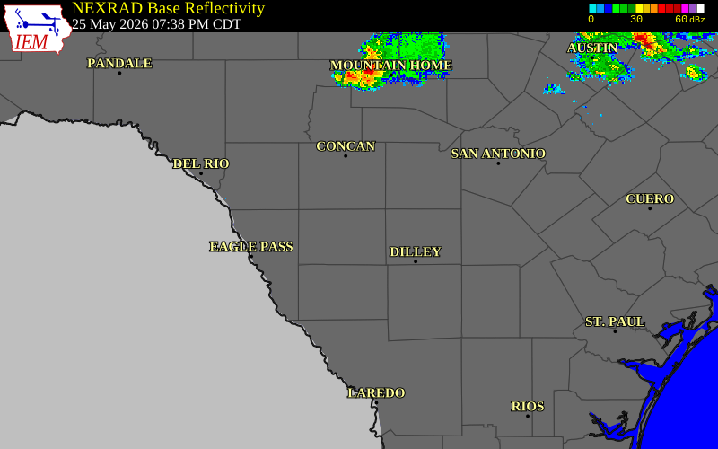 Radar snapshot during the May 25, 2026 wind event near 2 NW Batesville, Zavala County, Texas, with NWS warning polygons