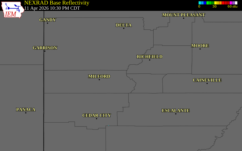 NEXRAD radar during the Saturday, April 11, 2026 storm activity in Beaver County, Utah