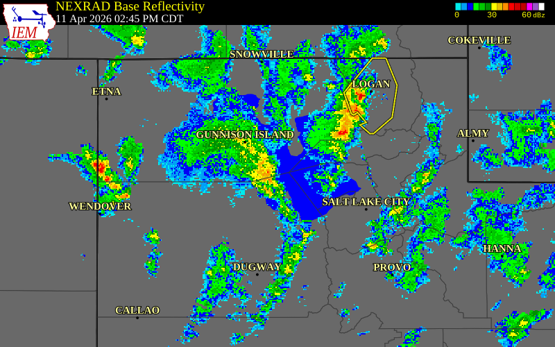 NEXRAD radar during the Saturday, April 11, 2026 storm activity in Box Elder County, Utah