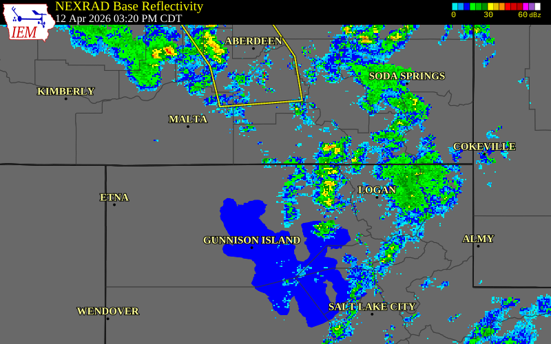 NEXRAD radar during the Sunday, April 12, 2026 storm activity in Box Elder County, Utah