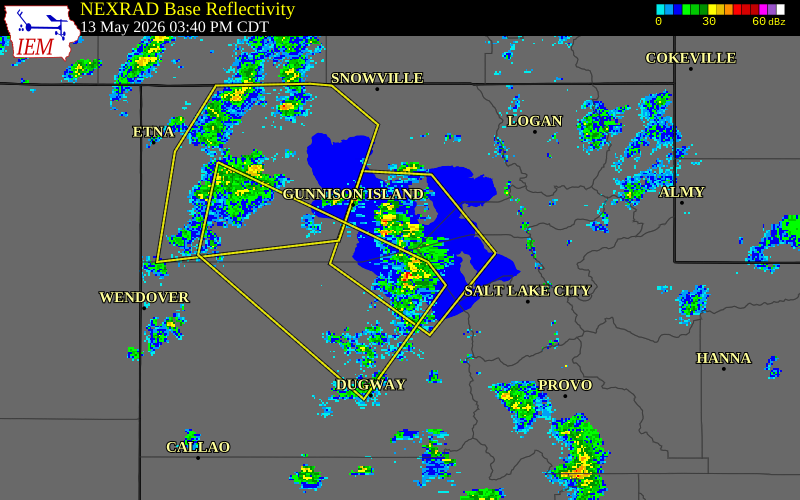 NEXRAD radar during the Wednesday, May 13, 2026 storm activity in Box Elder County, Utah