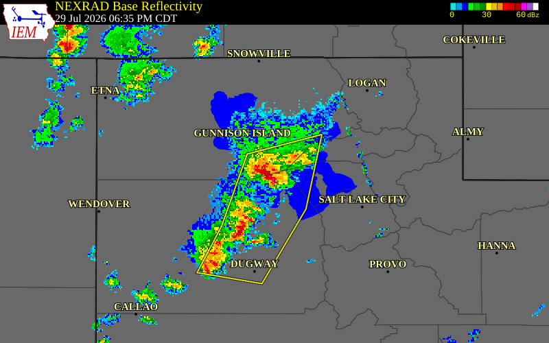 NEXRAD radar during the Wednesday, July 29, 2026 storm activity in Box Elder County, Utah