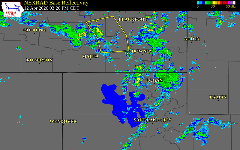 Radar snapshot during the Apr 12, 2026 tornado event near 3 SE Snowville, Box Elder County, Utah, with NWS warning polygons