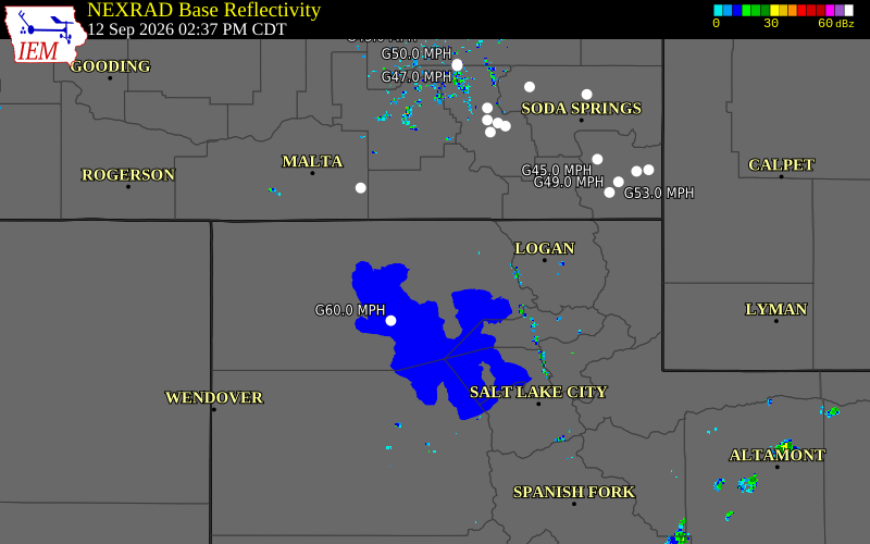 Current NEXRAD radar over Box Elder County, Utah with recent storm report locations