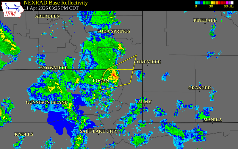 NEXRAD radar during the Saturday, April 11, 2026 storm activity in Cache County, Utah