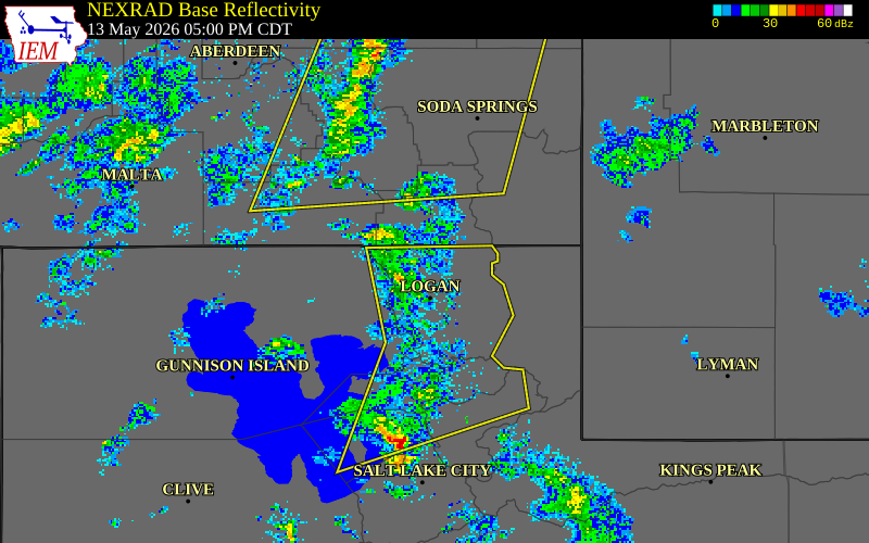 NEXRAD radar during the Wednesday, May 13, 2026 storm activity in Cache County, Utah