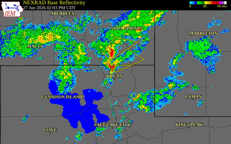 NEXRAD radar during the Saturday, June 27, 2026 storm activity in Cache County, Utah