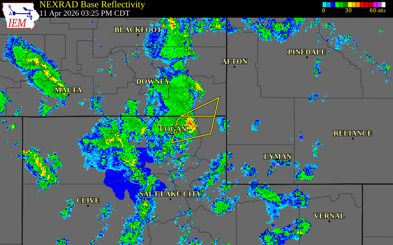 Radar snapshot during the Apr 11, 2026 tornado event near 4 WSW Garden City, Cache County, Utah, with NWS warning polygons