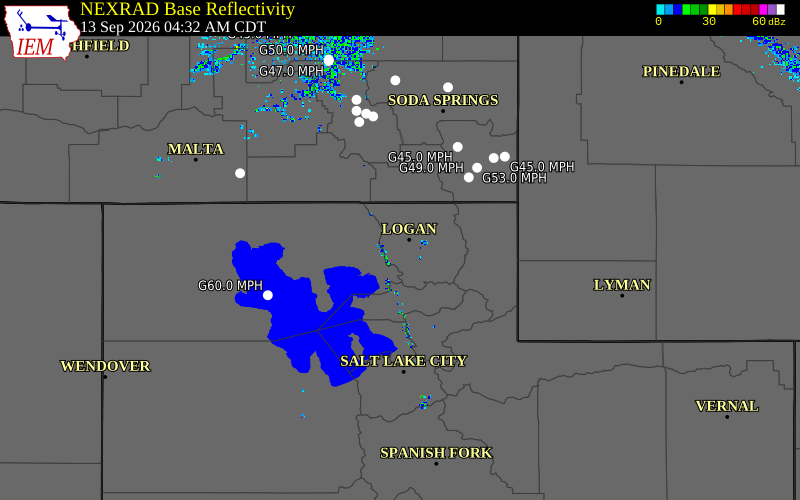 Current NEXRAD radar over Cache County, Utah with recent storm report locations