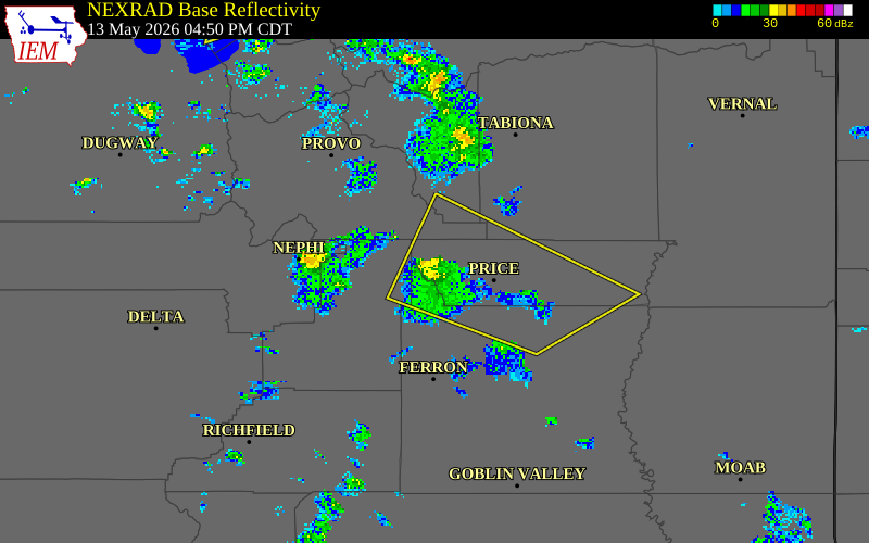NEXRAD radar during the Wednesday, May 13, 2026 storm activity in Carbon County, Utah