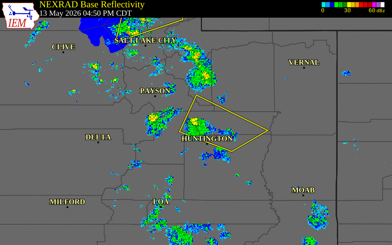 Radar snapshot during the May 13, 2026 wind event near 1 ENE Clear Creek, Carbon County, Utah, with NWS warning polygons