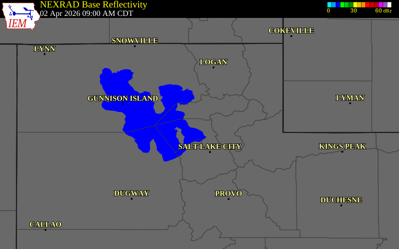 NEXRAD radar during the Thursday, April 2, 2026 storm activity in Davis County, Utah