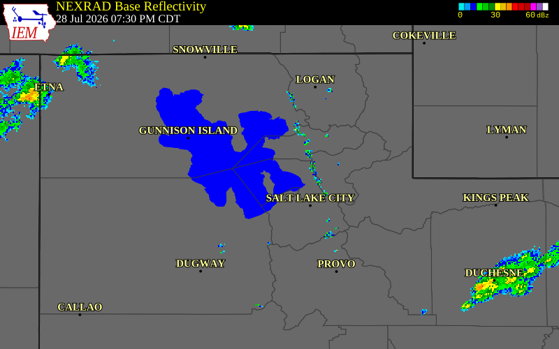 NEXRAD radar during the Tuesday, July 28, 2026 storm activity in Davis County, Utah