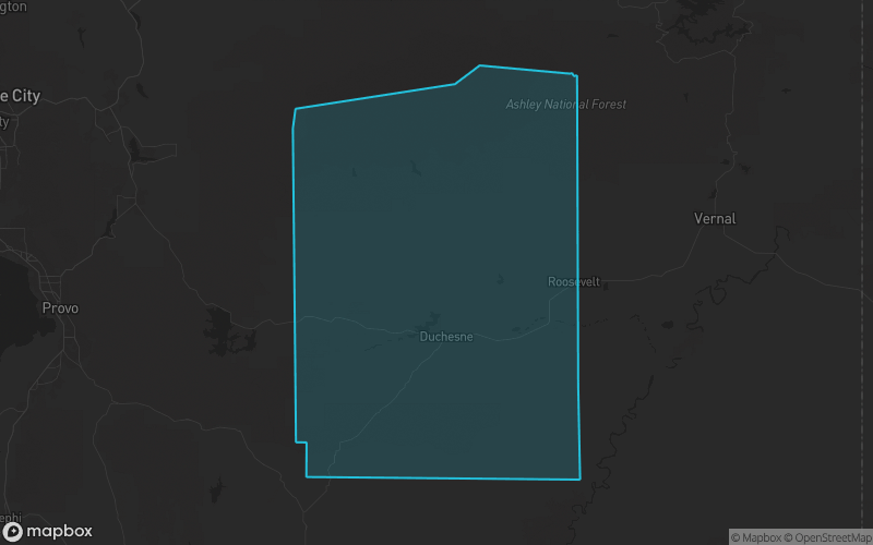 Map of Duchesne County, Utah showing the county boundary and surrounding cities