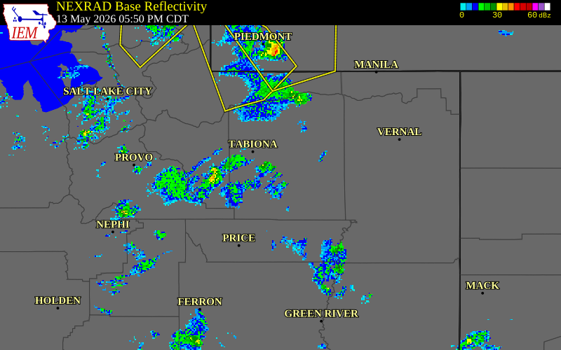 NEXRAD radar during the Wednesday, May 13, 2026 storm activity in Duchesne County, Utah