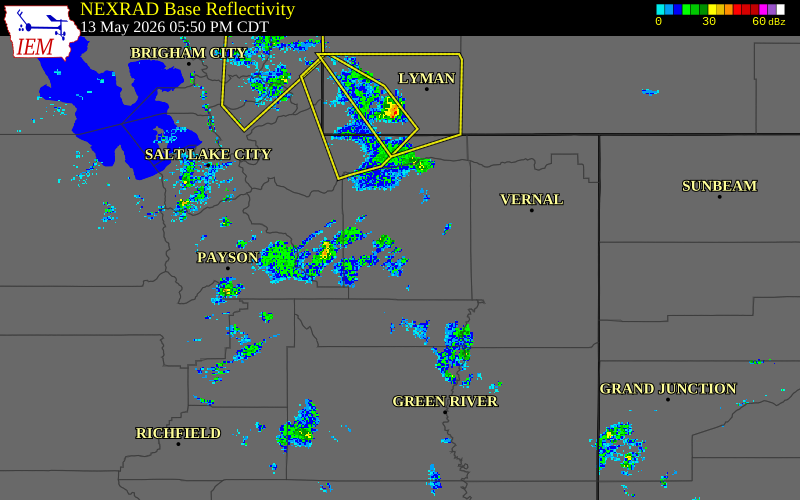 Radar snapshot during the May 13, 2026 wind event near 5 W Duchesne, Duchesne County, Utah, with NWS warning polygons