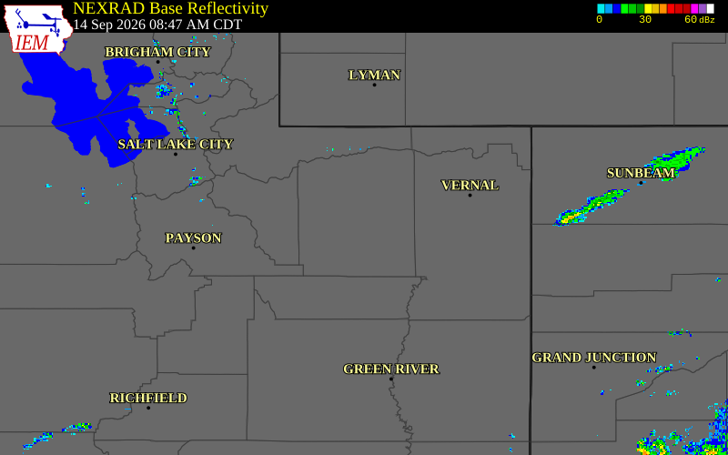Current NEXRAD radar over Duchesne County, Utah with recent storm report locations