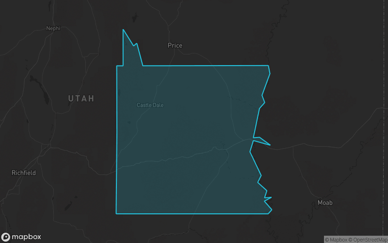 Map of Emery County, Utah showing the county boundary and surrounding cities