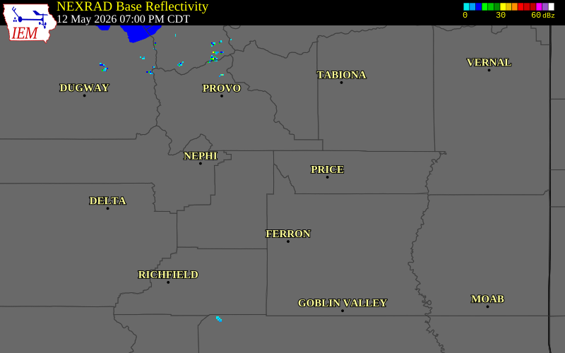 NEXRAD radar during the Tuesday, May 12, 2026 storm activity in Emery County, Utah