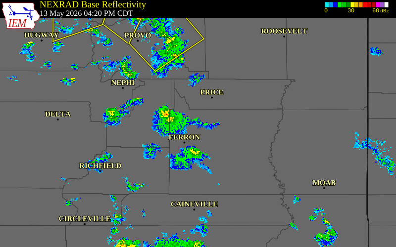 NEXRAD radar during the Wednesday, May 13, 2026 storm activity in Emery County, Utah