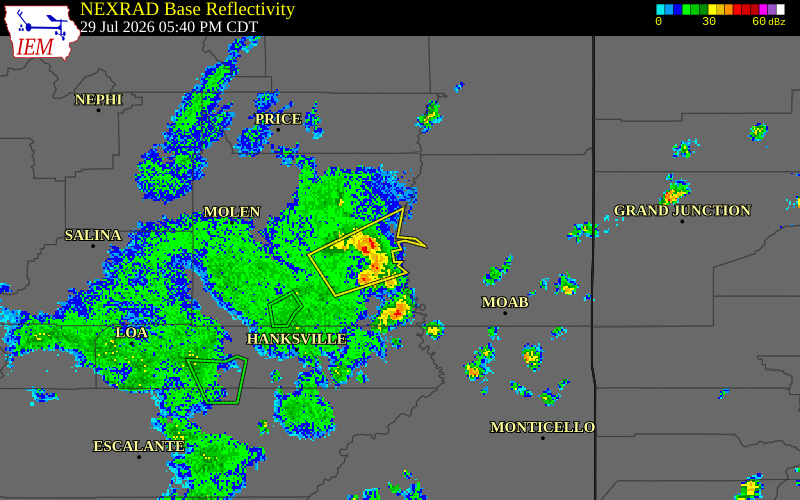 NEXRAD radar during the Wednesday, July 29, 2026 storm activity in Emery County, Utah