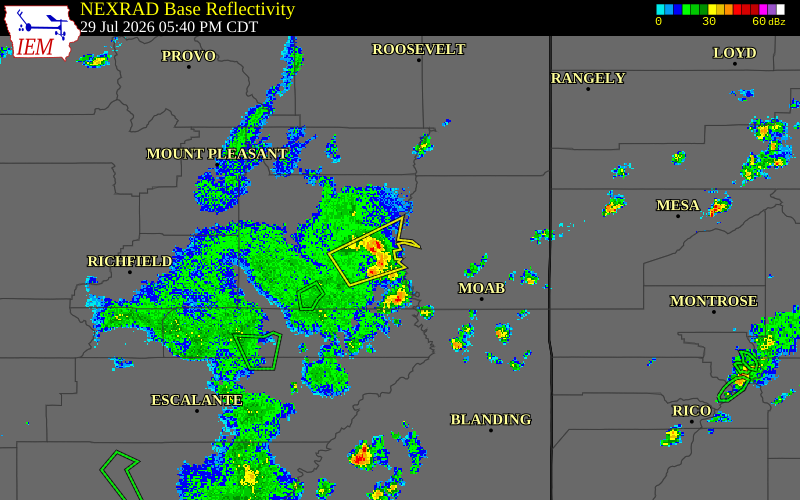 Radar snapshot during the Jul 29, 2026 wind event near 4 SSE Green River, Emery County, Utah, with NWS warning polygons