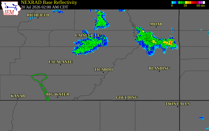 NEXRAD radar during the Monday, July 20, 2026 storm activity in Garfield County, Utah
