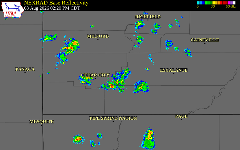 NEXRAD radar during the Saturday, August 8, 2026 storm activity in Garfield County, Utah
