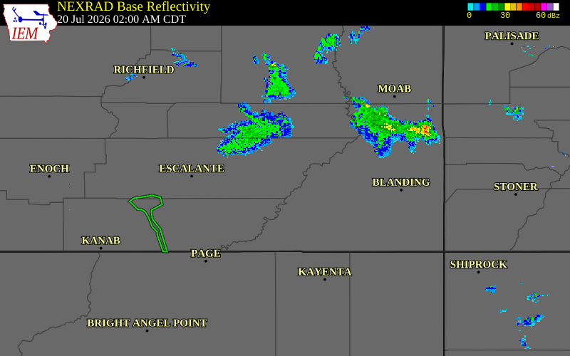 Radar snapshot during the Jul 20, 2026 wind event near 11 N Ticaboo, Garfield County, Utah, with NWS warning polygons