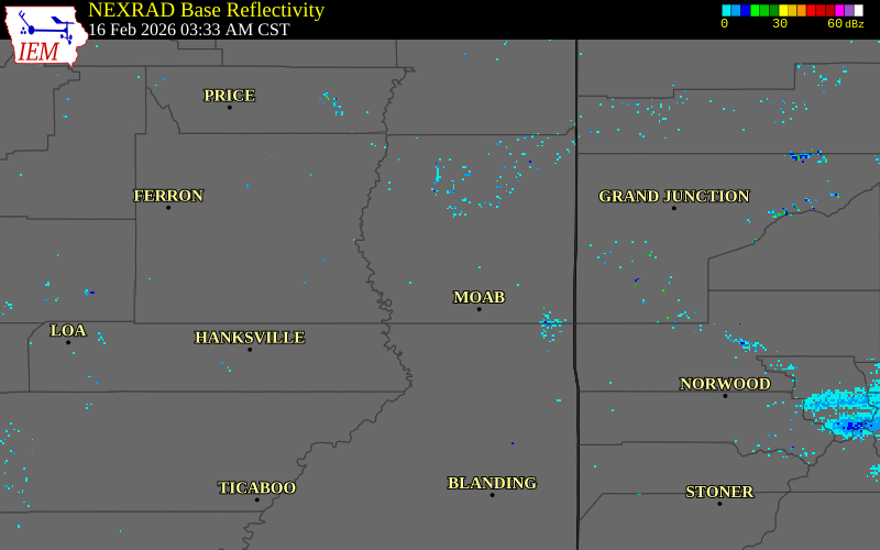 NEXRAD radar during the Monday, February 16, 2026 storm activity in Grand County, Utah