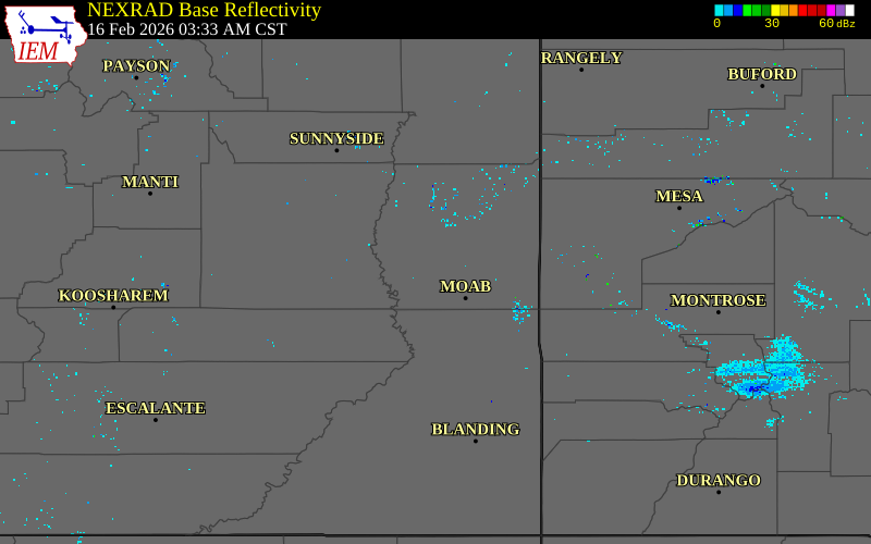 Radar snapshot during the Feb 16, 2026 wind event near 16 NW Moab, Grand County, Utah, with NWS warning polygons