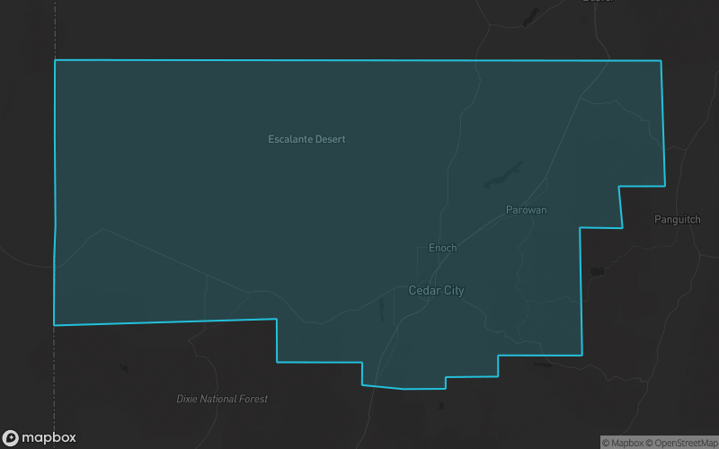 Map of Iron County, Utah showing the county boundary and surrounding cities