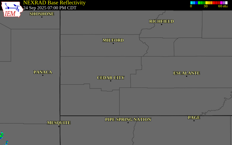 NEXRAD radar during the Wednesday, September 24, 2025 storm activity in Iron County, Utah
