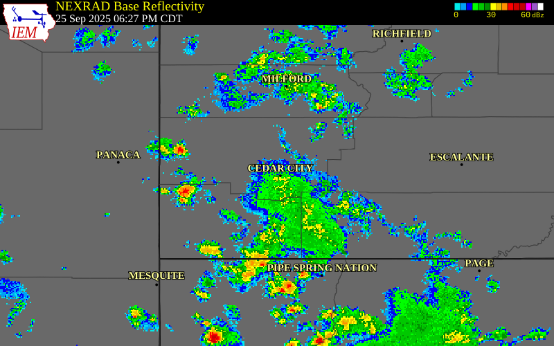 NEXRAD radar during the Thursday, September 25, 2025 storm activity in Iron County, Utah