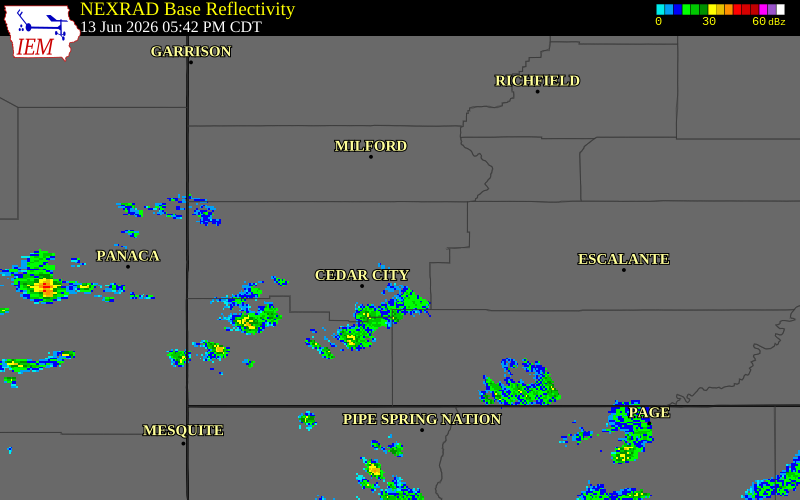 NEXRAD radar during the Saturday, June 13, 2026 storm activity in Iron County, Utah