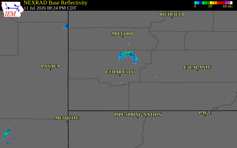 NEXRAD radar during the Saturday, July 11, 2026 storm activity in Iron County, Utah