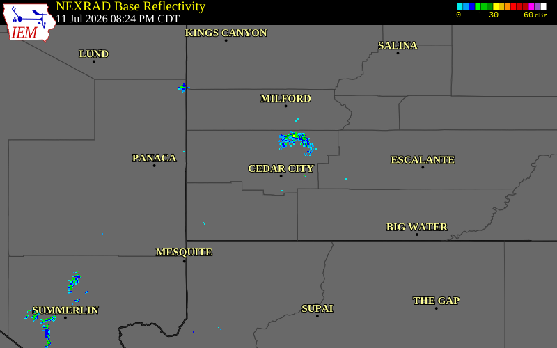 Radar snapshot during the Jul 11, 2026 wind event near 2 NW Cedar City, Iron County, Utah, with NWS warning polygons