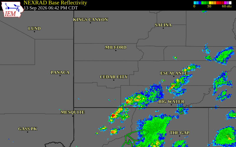 Current NEXRAD radar over Iron County, Utah with recent storm report locations
