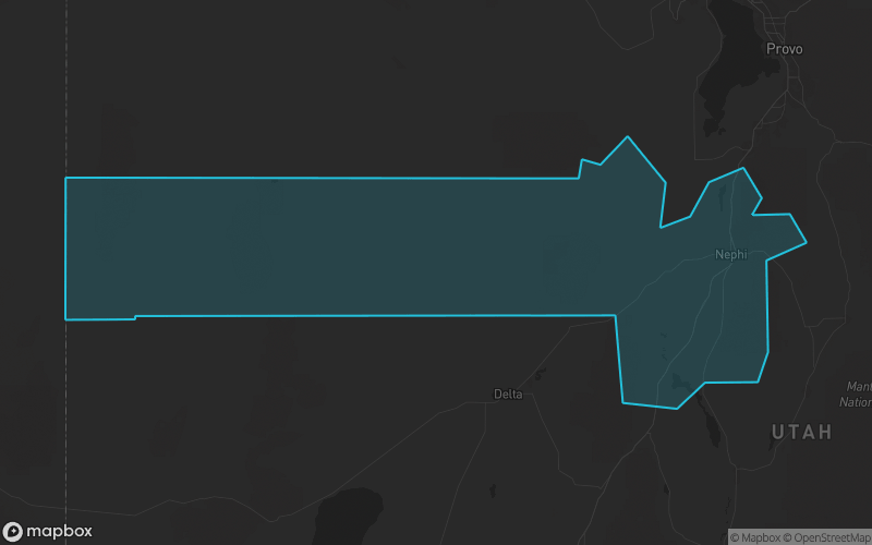 Map of Juab County, Utah showing the county boundary and surrounding cities