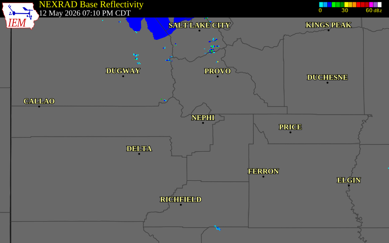 NEXRAD radar during the Tuesday, May 12, 2026 storm activity in Juab County, Utah