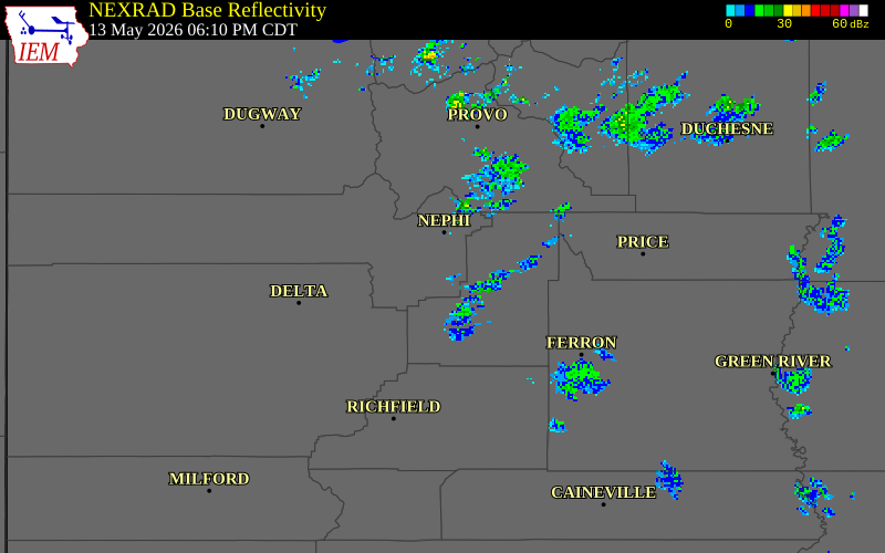 NEXRAD radar during the Wednesday, May 13, 2026 storm activity in Juab County, Utah