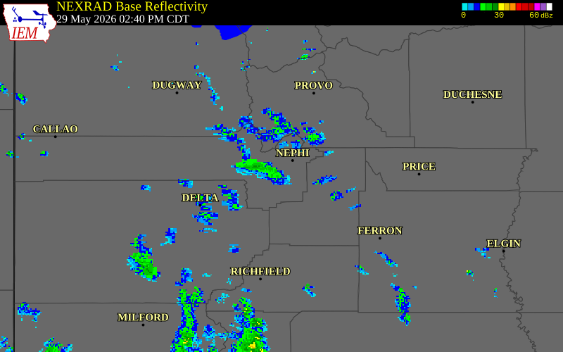 NEXRAD radar during the Friday, May 29, 2026 storm activity in Juab County, Utah