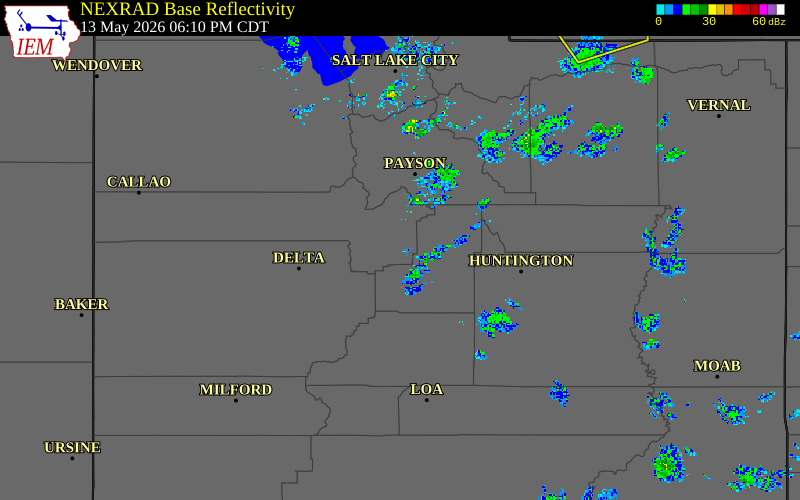 Radar snapshot during the May 13, 2026 wind event near 5 SSE Levan, Juab County, Utah, with NWS warning polygons