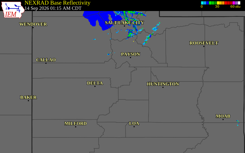 Current NEXRAD radar over Juab County, Utah with recent storm report locations