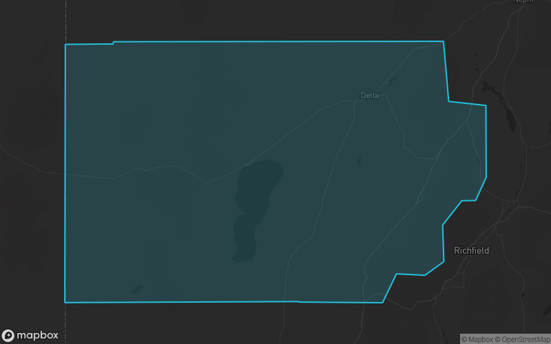 Map of Millard County, Utah showing the county boundary and surrounding cities