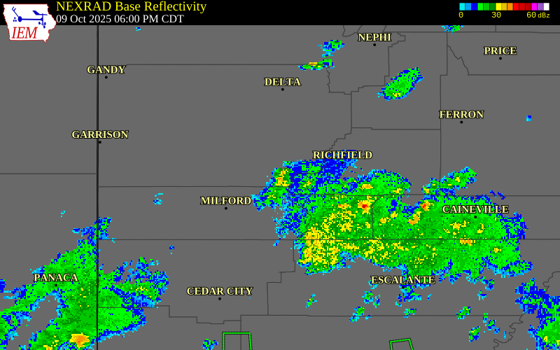 NEXRAD radar during the Thursday, October 9, 2025 storm activity in Millard County, Utah