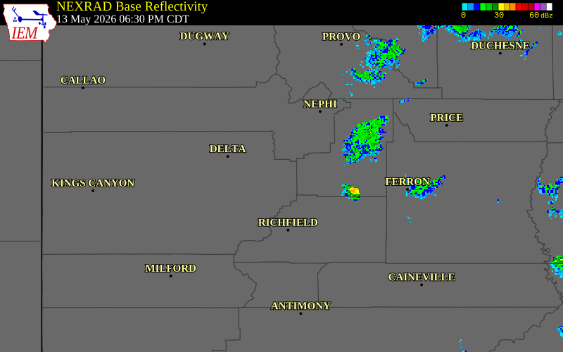 NEXRAD radar during the Wednesday, May 13, 2026 storm activity in Millard County, Utah