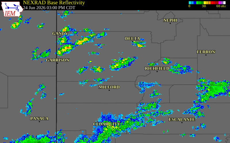 NEXRAD radar during the Wednesday, June 24, 2026 storm activity in Millard County, Utah