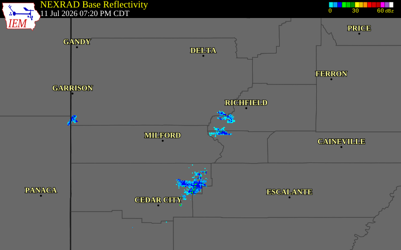 NEXRAD radar during the Saturday, July 11, 2026 storm activity in Millard County, Utah