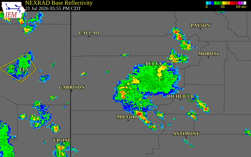 NEXRAD radar during the Tuesday, July 21, 2026 storm activity in Millard County, Utah